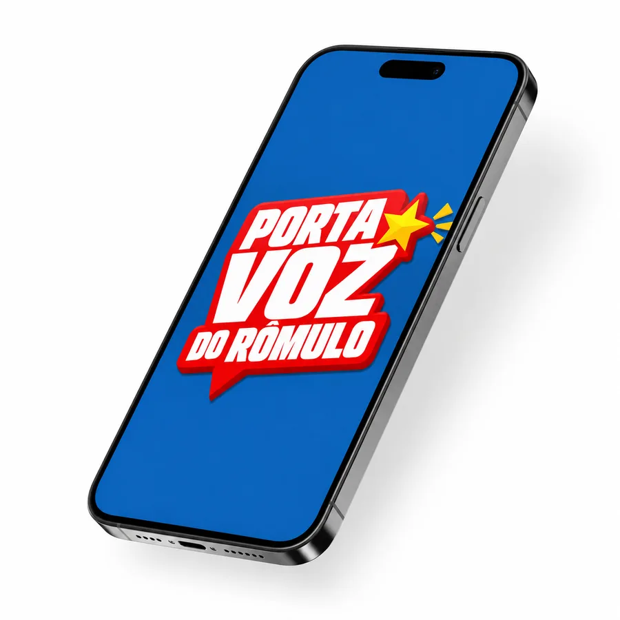 Celular exibindo a marca Porta-Voz do Rômulo.